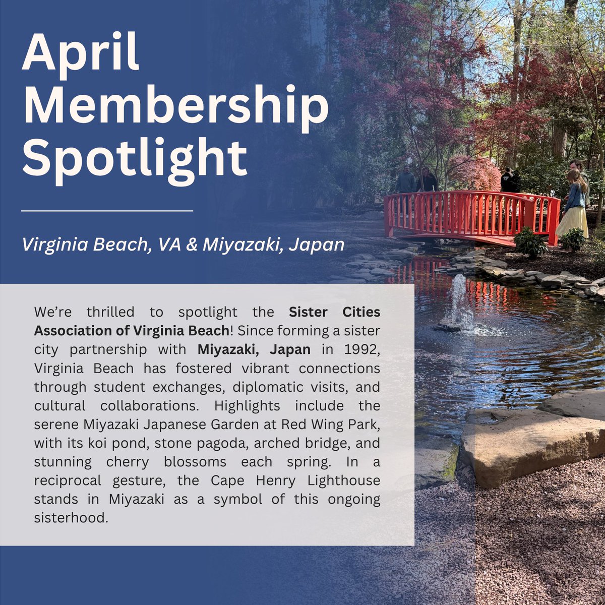 SisterCitiesInt's tweet image. 🌸 Our April Membership Spotlight features the Sister Cities Association of Virginia Beach, celebrating decades of cultural exchange with Miyazaki, Japan!

#sistercitiesinternational #virginiabeach #miyazakijapan