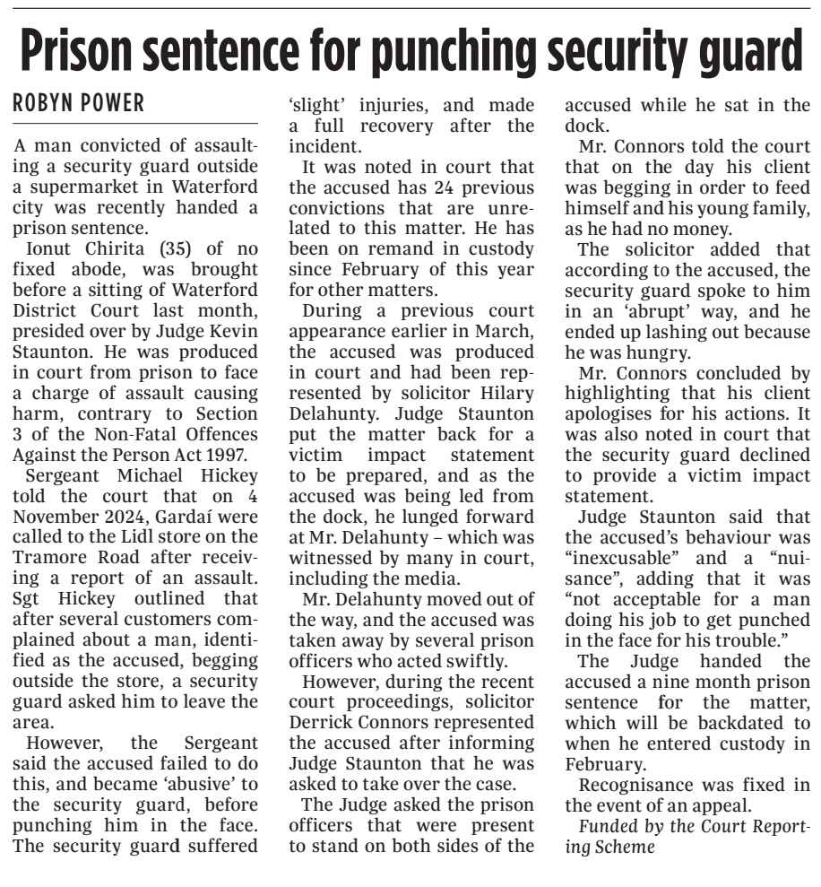 SimpSimonSays's tweet image. 🚨 Waterford District Court
#RomaCrime

Ionut Chirita (35) jailed for 9 months for assaulting a security guard.

At a previous court appearance in March, he "lunged forward" at HIS OWN SOLICITOR!

24 previous convictions 😡 He has been in custody, on remand, since February on