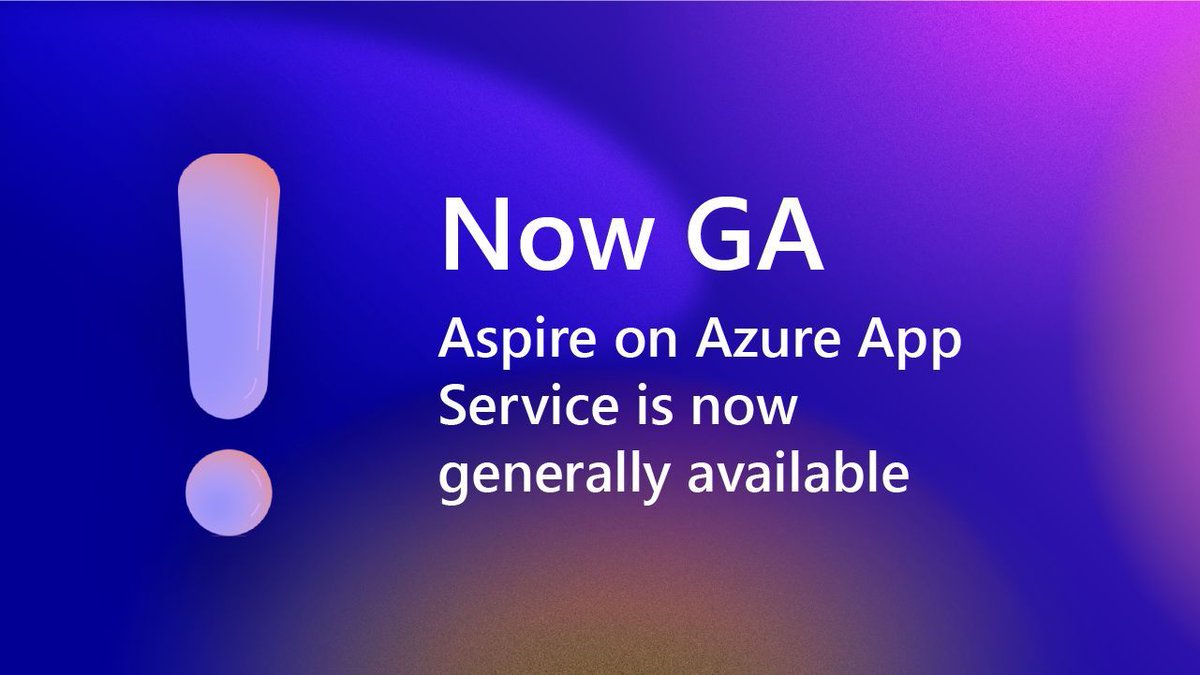 MSAzureDev's tweet photo. Aspire on Azure App Service is officially GA.
Define your whole distributed app in AppHost, then deploy the same model to a fully managed App Service env: slots, health, scaling, the works.
A clean bridge from local Aspire dev → production hosting.
Blog: https://t.co/uEZjABqYEZ https://t.co/e6iyvwAG4b