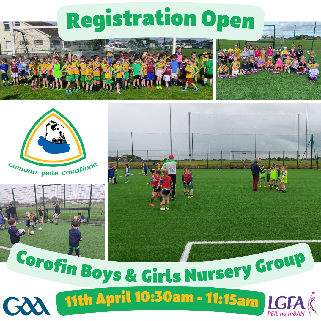 CorofinGAA's tweet photo. NURSERY GROUP!

Training for Boys &amp; Girls born in 2020/2021 is starting back this Saturday 11th April from 10:30am in the Astro pitch in Belclare.

Please register your child using the link below for u-6 before the return of training.
https://t.co/jkfNcNkCGs https://t.co/J6OonjqURo