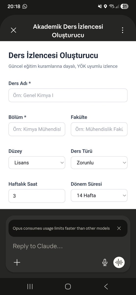 AlparslanGvnc's tweet photo. Bir ders izlencesi hazırlamak için kaç saat harcıyorsunuz?

Bunu 60 saniyeye düşürebileceğinizi söylesem...

Solo Taksonomisi, Yapılandırmacı Uyum, UDL, OBE gibi güncel kuramları entegre eden, YÖK uyumlu bir izlence oluşturucu geliştirdim.

Ders bilgilerinizi girin, kuramsal yaklaşımlarınızı seçin, gerisini yapay zekâ hallediyor.

Özellikle eğitim fakültesi dışında ders veren akademisyenler için faydalı olacağına inanıyorum.

Erişim bağlantısı:
https://t.co/pfu4IX5c8a