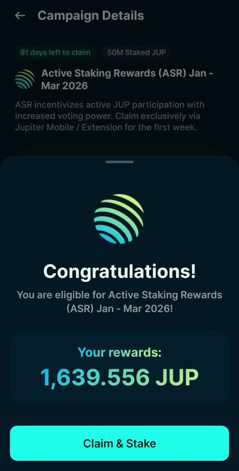 <a href="/JupiterExchange/">Jupiter</a> Looks like Q1 ASR rewards are already out 👀

Jupiter started distributing rewards to active stakers — worth taking a minute to check your wallet.

Got 1,639.556 this round 

Check jup-asr.com