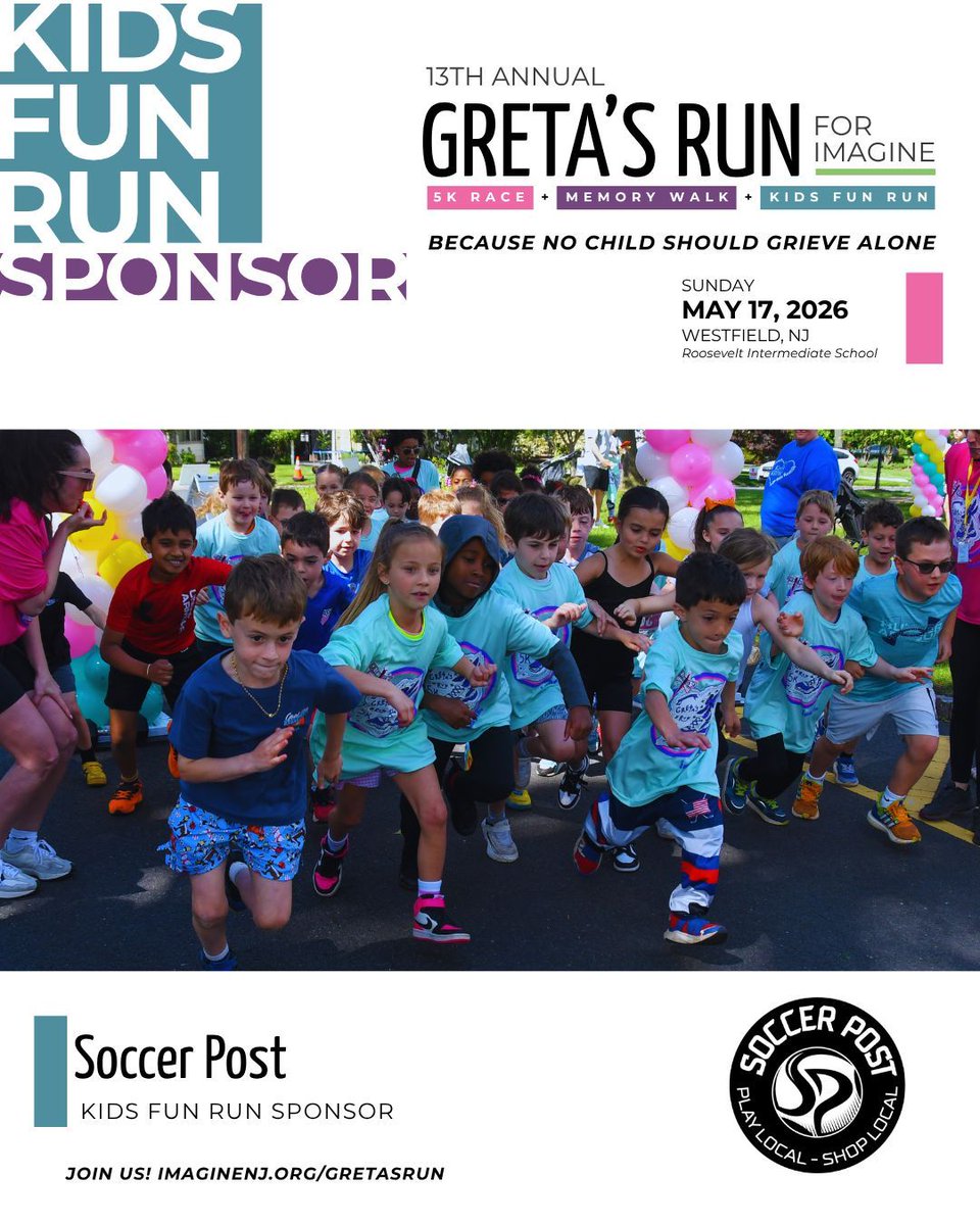 ImagineaWorldNJ's tweet photo. 💜 Thanks to our Kids Fun Run sponsor, Soccer Post!

👟 Kids 10 &amp; under—sign up for the Kids Fun Run!

✨ NEW: Stroller Category so families can join together

Every step supports free grief support 💜 https://t.co/CnLtKcKVCS https://t.co/0iyBeL6vXc