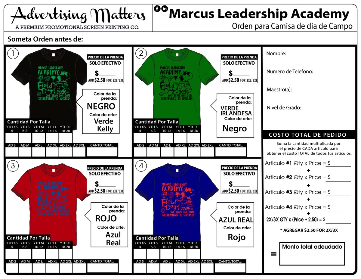 MLA_Mustangs's tweet photo. Por favor revise las mochilas para encontrar las órdenes de camisetas para el Día de Campo. Las camisetas cuestan $15 cada una y la idea es que los estudiantes elijan el color de su casa. 
Por favor regrese las órdenes a más tardar el 17 de abril. ¡Gracias! https://t.co/uD7kYFYWYN