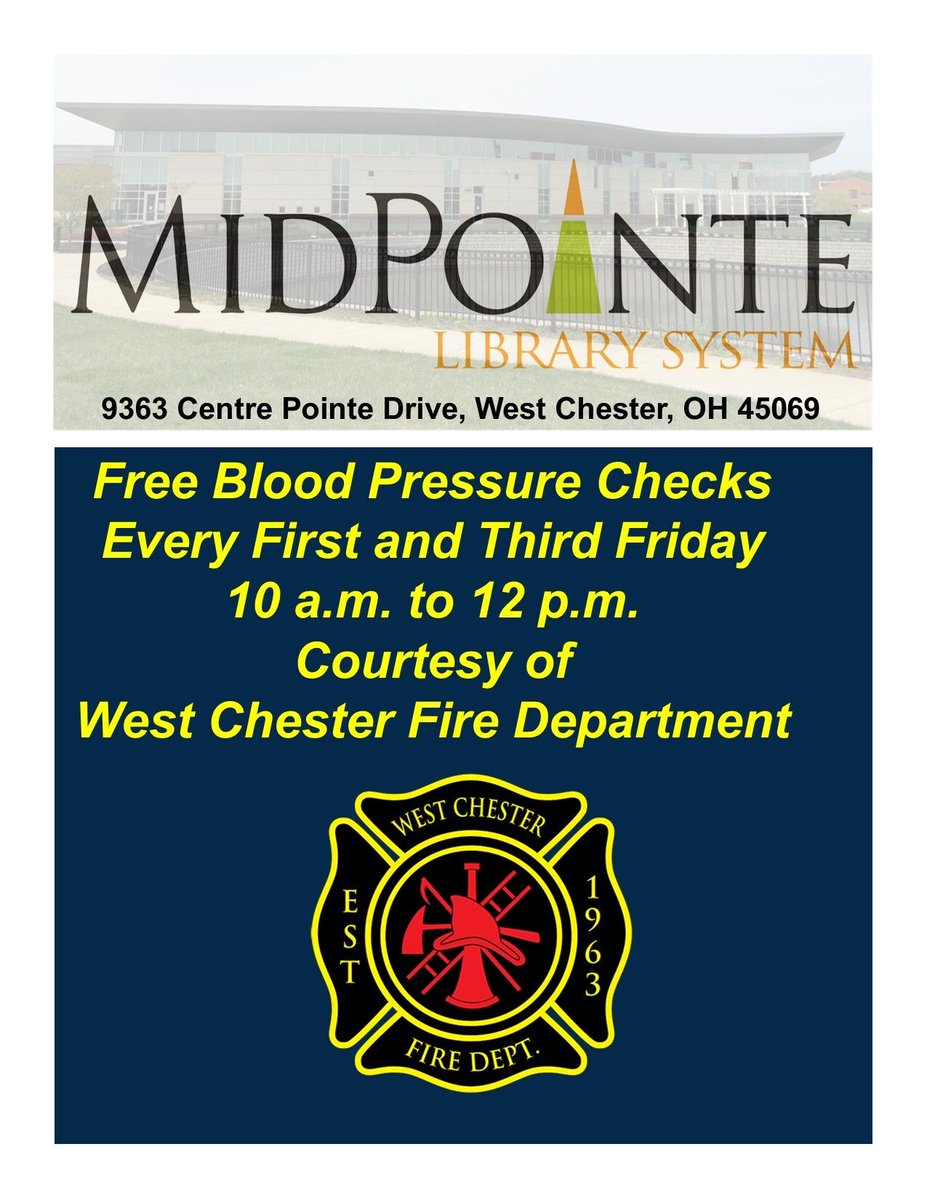 westchestertwp's tweet image. Starting on April 17, the West Chester Fire Department will help you keep an eye on your cardiovascular health with free blood pressure screenings at MidPoint Library. They will be there from 10 a.m. to noon on the first and third Fridays of the month!
#WestChesterOh