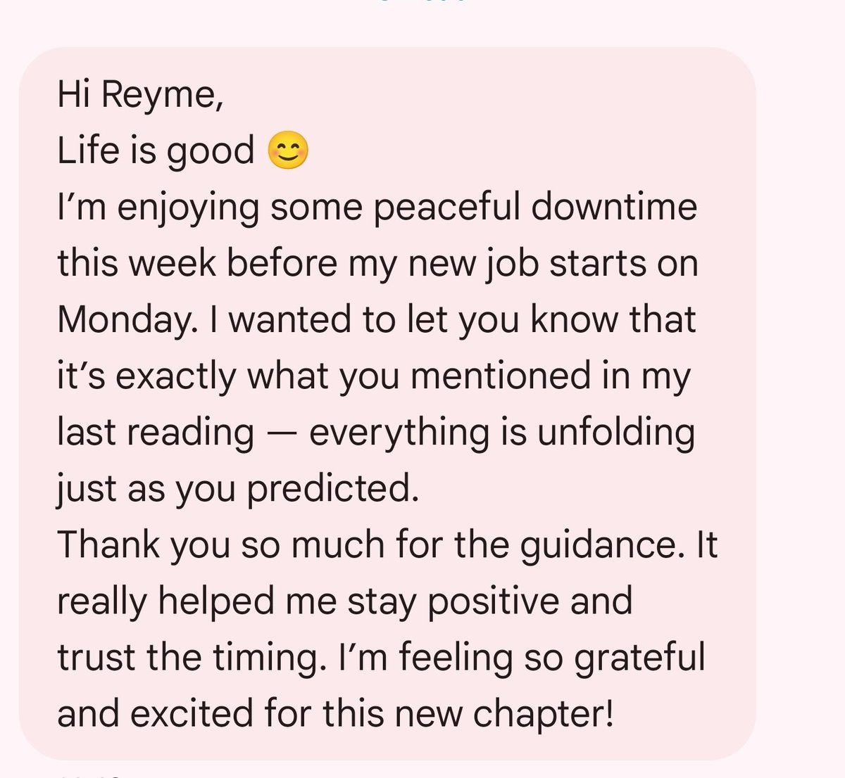 OutspokenDesi's tweet image. Another beautiful message that made my heart so full ❤️
This sweet client sent me this update. She’s starting her new job on Monday — exactly as I saw and told her in the reading 🙌🧿🪬 #tarot #psychicmedium #AkashicRecords #numerology