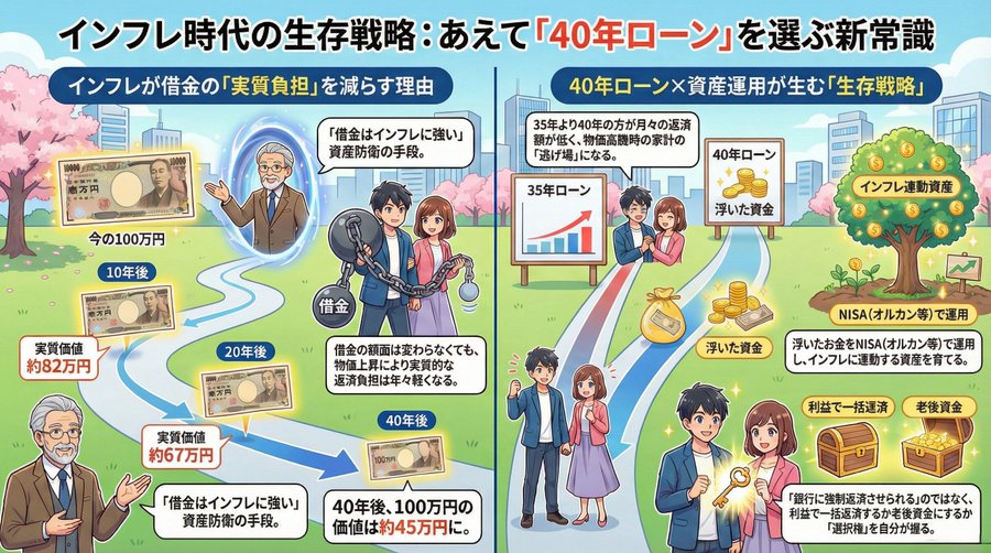 myhomefp's tweet photo. 「40年ローンなんて一生借金地獄でしょ😱」 
そう思ったあなた、 それは『デフレ時代の正解』かもしれません💢

これからのインフレ時代、実は35年より40年で借りた方が家計の「安全性」が高まる可能性があります‼️

「早く返したい」という感情論ではなく、インフレとリスク管理の視点から解説⤵️ https://t.co/P0V0mqfkNS