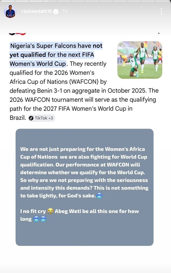 Iam_agt's tweet photo. 🚨😡Rasheedat Ajibade via IG - 

"We are not just  preparing for the Women's African Cup of Nations, we are also fighting for World Cup qualification...so why are we not preparing with the seriousness and intensity this demands...abeg wetin be all this one, for how long?🥶 https://t.co/yvgYWOxS91
