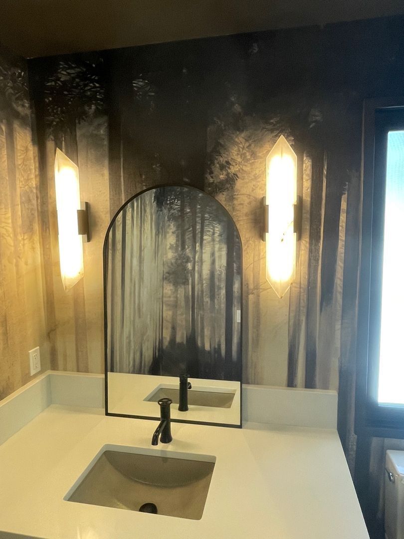 KrimpElectric's tweet photo. Fixture day on a custom home near Millarville. Alabaster sconces, flush mounts, and the moodiest powder room we've wired in a while. #Foothills #KrimpElectric https://t.co/q7Jbdj0ez6