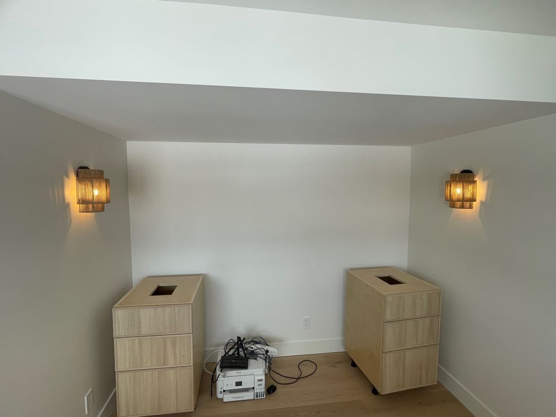 KrimpElectric's tweet photo. Fixture day on a custom home near Millarville. Alabaster sconces, flush mounts, and the moodiest powder room we've wired in a while. #Foothills #KrimpElectric https://t.co/q7Jbdj0ez6