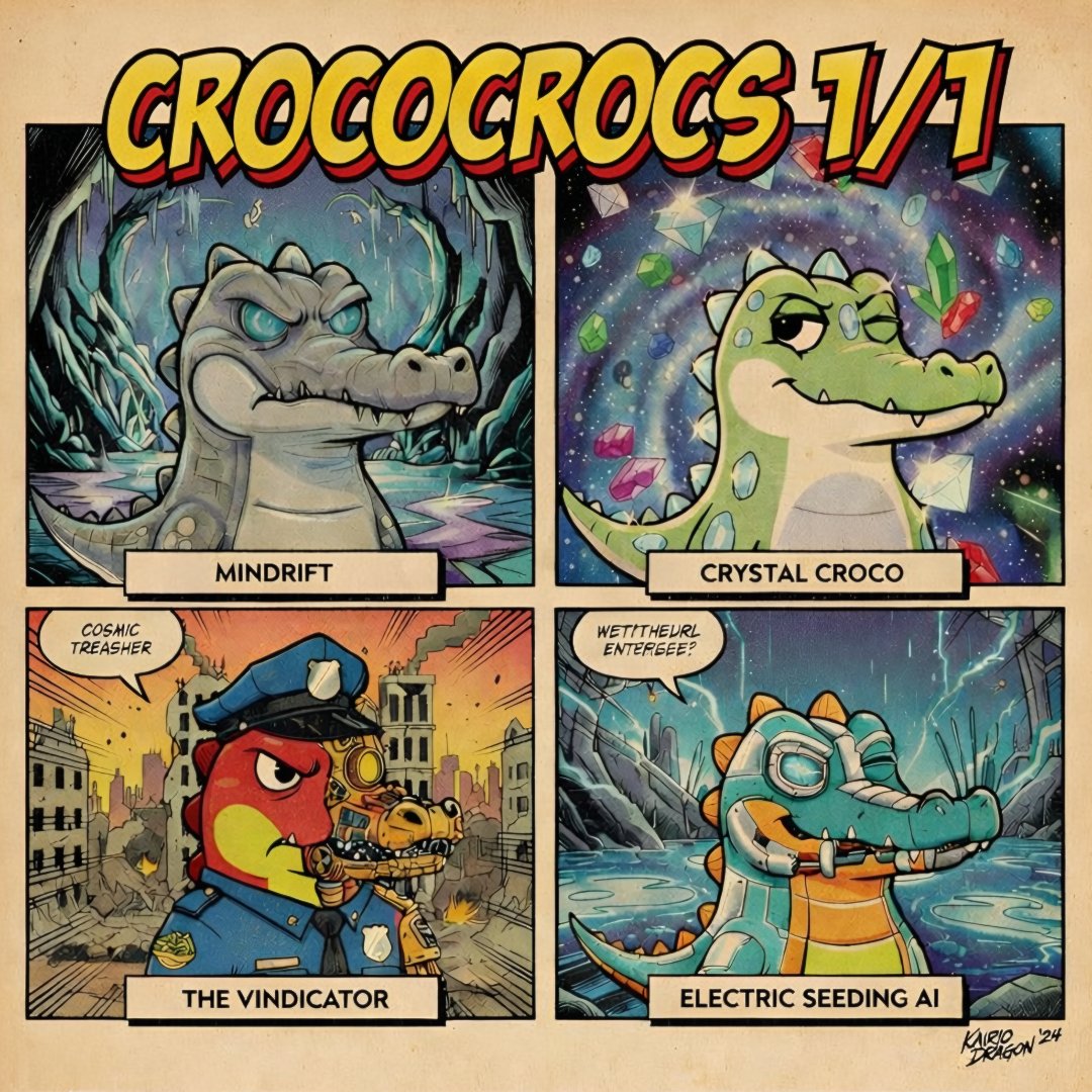 CrocoCrocsGator's tweet photo. The swamp is evolving.🐊
Introducing our 1/1 legends:
Mindrift, Crystal Croco, The Vindicator &amp; Electric Seeding AI.
Each one carries a unique story, power, and destiny within the CrocoCrocs universe.
This is just the beginning. 
Who’s your favorite? https://t.co/2HV5aaWufk