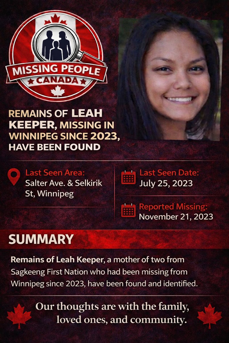 Missing_CA's tweet image. 🔗 Full story: missingpeople.ca/remains-of-lea… 

🧭 REMAINS OF LEAH KEEPER, MISSING FROM WINNIPEG SINCE 2023, IDENTIFIED — SAGKEENG FIRST NATION MOTHER OF TWO FOUND NEARLY THREE YEARS AFTER DISAPPEARANCE 

📍 #Manitoba #MB #Winnipeg
