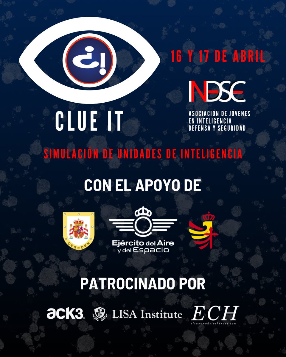 INDESEC_ES's tweet photo. Queremos expresar nuestro agradecimiento a nuestros colaboradores y patrocinadores por su apoyo en Clue It 2026. 

¡No te quedes sin tu entrada!🎟️ 

Clue It, simulación de unidades de inteligencia

Inscripciones: https://t.co/4GfpG4GAuW

#ClueIt #Inteligencia #Simulación #Jóvenes https://t.co/UnWzlD4pgl