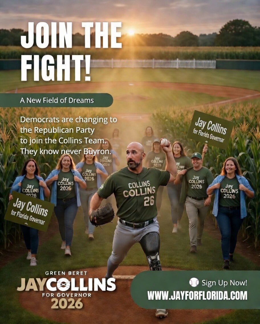 <a href="/RonDeSantis/">Ron DeSantis</a> they’re coming!

Jay Collins campaign has organically transformed into the Field of Dreams. 
The Republican Party is growing in Jay’s favor!
No pocket endorsements.

<a href="/CollinsWarRoom/">Collins War Room</a> <a href="/JayCollinsFL/">Jay Collins</a> <a href="/HouseGOP/">House Republicans</a> <a href="/SenateGOP/">Senate Republicans</a> <a href="/FloridaGOP/">Florida GOP</a> 
<a href="/Collinslayla/">Layla Collins</a> <a href="/TINATINA2038712/">TINATINA2026</a>