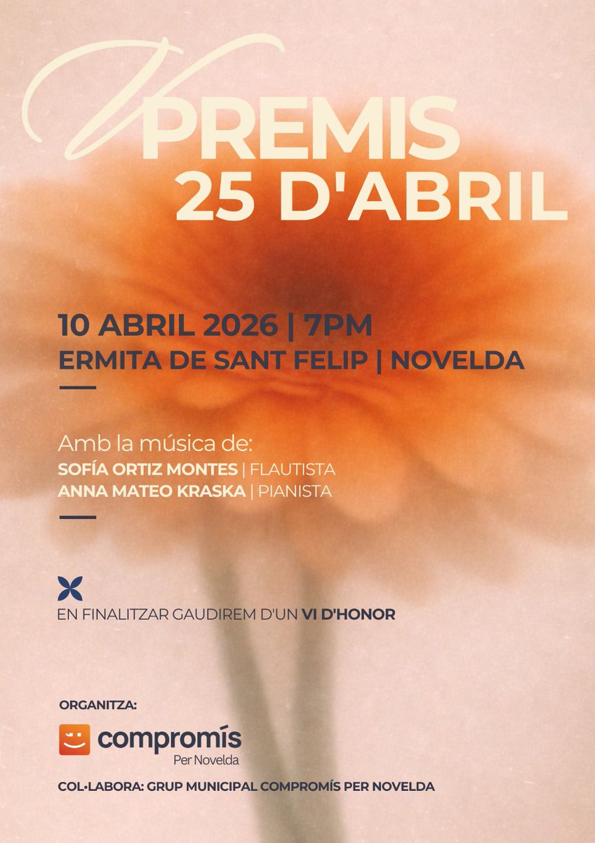 compromisNVLD's tweet photo. Este divendres 10 d'abril, a les 19:00 h, ens veiem a l'Ermita de Sant Felip per celebrar els V Premis 25 d'abril de @compromisNVLD on reconeixerem persones i associacions que fan gran el nostre poble. T'esperem! 🏆🎭🎼🎹🪈🍷 https://t.co/rTNVx9294X
