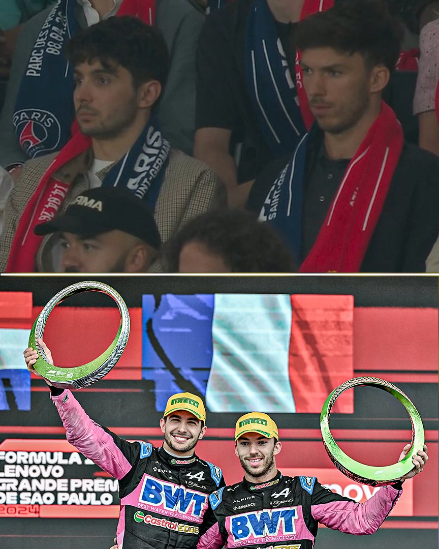ESPNF1's tweet photo. Ex-teammates Esteban Ocon and Pierre Gasly pictured together at the PSG vs. Liverpool Champions League game 👀 https://t.co/QDpqnv6EyG