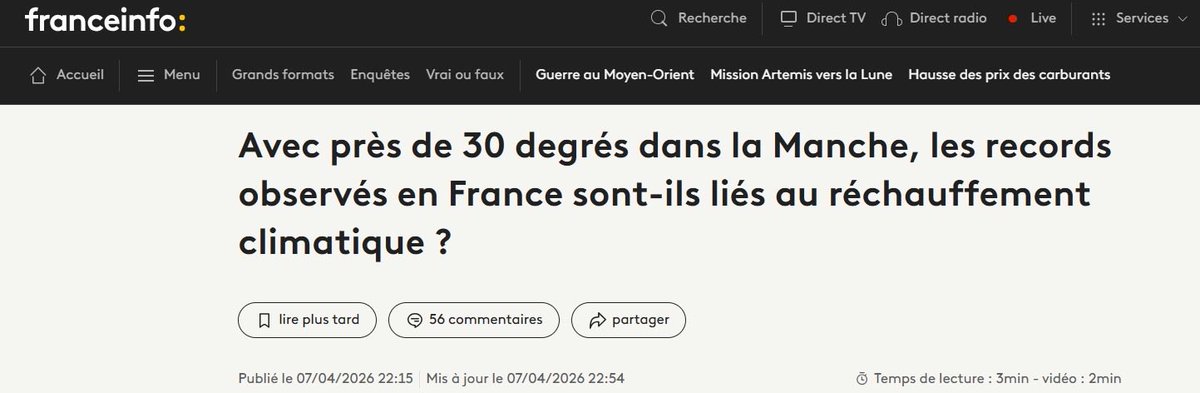 PanettonePazzo's tweet photo. Dites-vous qu’en avril 2026 le service public est encore capable de proposer un titre comme celui-ci.

Le réchauffement climatique est une réalité observée et documentée depuis les années 80 https://t.co/UvApn751FS