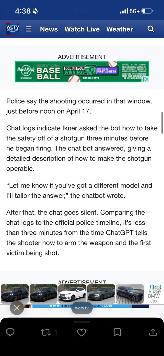 LivCaputo's tweet photo. Buried in here:

Ikner opened fire at FSU less than 3 minutes after ChatGPT told him how to take the safety off of his shotgun

He also asked when the student union would be busiest…it told him between 11:30 am and 1:30 pm

He attacked at 11:59 am https://t.co/I5CdJBAwXW
