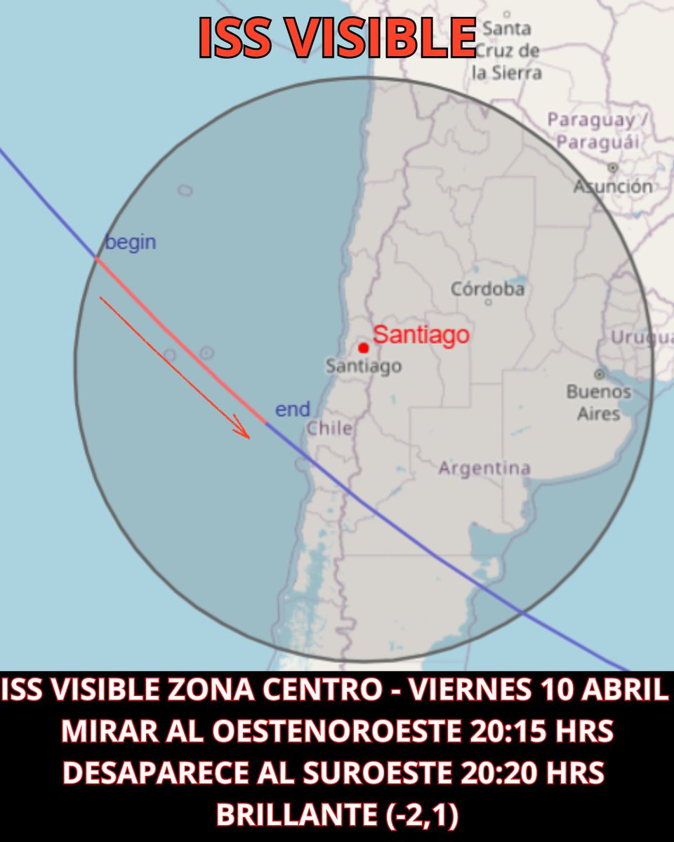 OvniChile1's tweet image. 🚀✨ ZONA CENTRAL Y SUR 3 noches para ver la ISS 👀📅 JUE 9 → -3,0
📅 VIE 10 → -2,1
📅 SÁB 11 → -3,3 🔥⚡ Se verá como una estrella en movimiento
❌ No parpadea👀 Mira al NO / NNO y sigue su recorrido 

#ISS #Chile #CieloNocturno #TioOvniChile