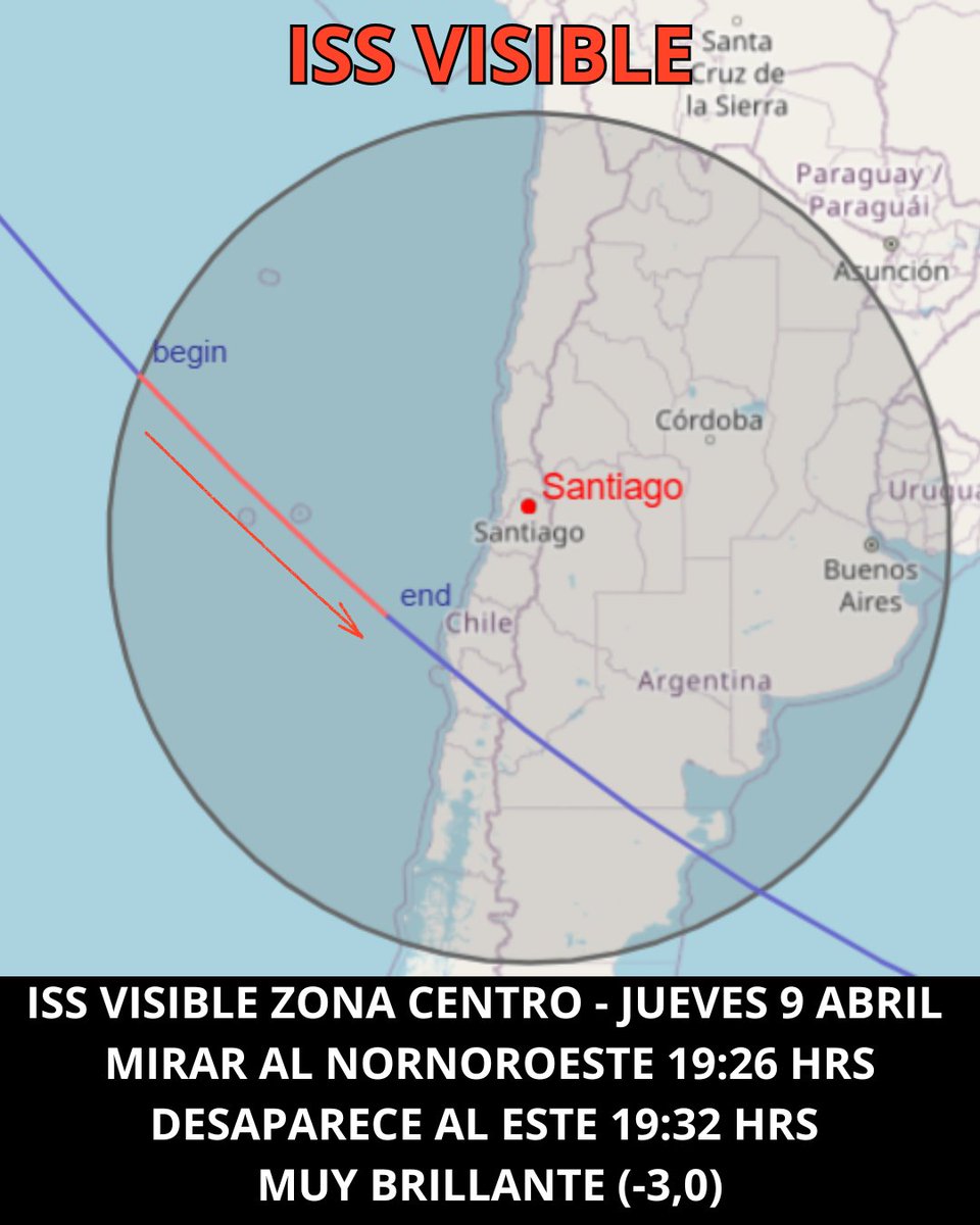 OvniChile1's tweet image. 🚀✨ ZONA CENTRAL Y SUR 3 noches para ver la ISS 👀📅 JUE 9 → -3,0
📅 VIE 10 → -2,1
📅 SÁB 11 → -3,3 🔥⚡ Se verá como una estrella en movimiento
❌ No parpadea👀 Mira al NO / NNO y sigue su recorrido 

#ISS #Chile #CieloNocturno #TioOvniChile