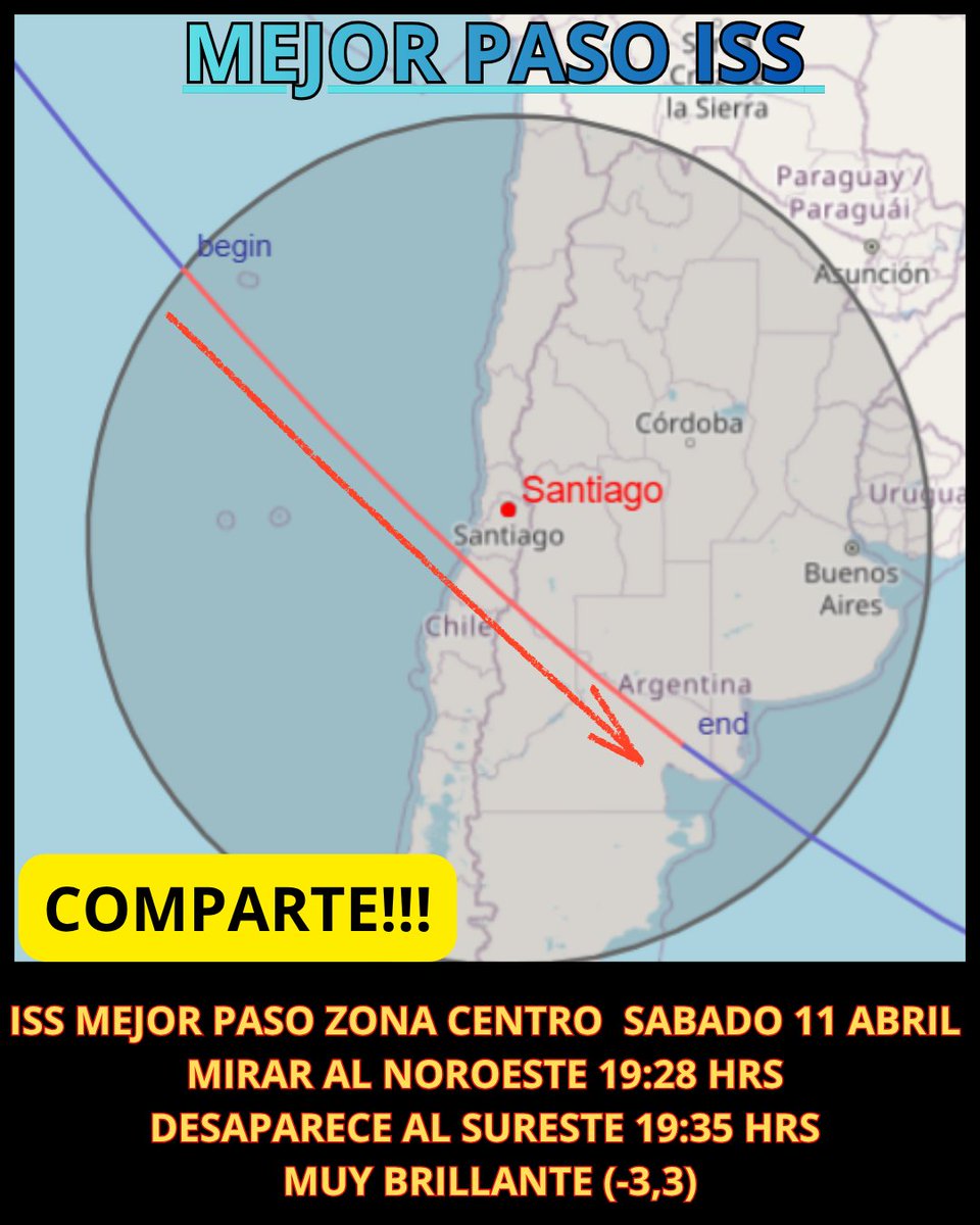 OvniChile1's tweet image. 🚀✨ ZONA CENTRAL Y SUR 3 noches para ver la ISS 👀📅 JUE 9 → -3,0
📅 VIE 10 → -2,1
📅 SÁB 11 → -3,3 🔥⚡ Se verá como una estrella en movimiento
❌ No parpadea👀 Mira al NO / NNO y sigue su recorrido 

#ISS #Chile #CieloNocturno #TioOvniChile