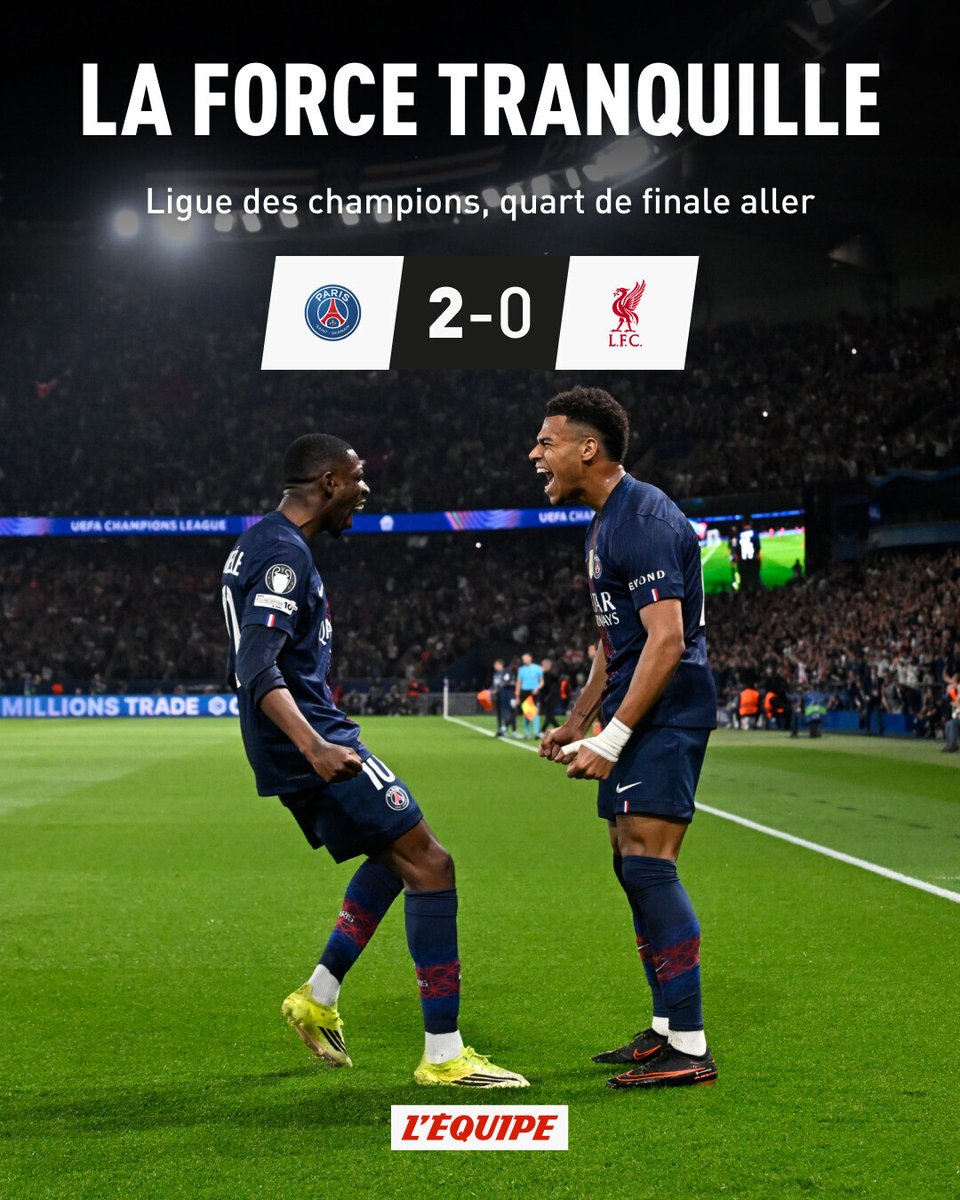 lequipe's tweet photo. Largement au-dessus de Liverpool, le PSG s'est imposé au Parc des Princes (2-0) en quarts de finale aller de la Ligue des champions. Les Parisiens devront finir le travail mardi prochain en Angleterre. https://t.co/KV0movBDXH https://t.co/xZEQTntXny