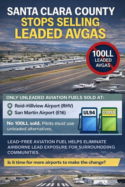 Airport_Impact's tweet photo. At Reid-Hillview Airport and San Martin Airport, the county has stopped selling 100LL leaded aviation fuel entirely.
Instead they now offer UL94 and G100UL unleaded aviation fuels.
That means piston aircraft operating from those airports are no longer burning leaded fuel over nearby communities.
For years, piston-engine aircraft using 100LL avgas have remained one of the largest remaining sources of airborne lead emissions in the United States. Communities around airports have been raising concerns about the health impacts, especially for children.
Santa Clara County decided to move in a different direction.
No leaded avgas.
Only unleaded alternatives.
It shows that change is possible when local governments decide public health matters.
Something worth paying attention to as more communities start asking the same question: why are we still using leaded aviation fuel in 2026? #airport #airplane #Countygovernment #AirportImpact