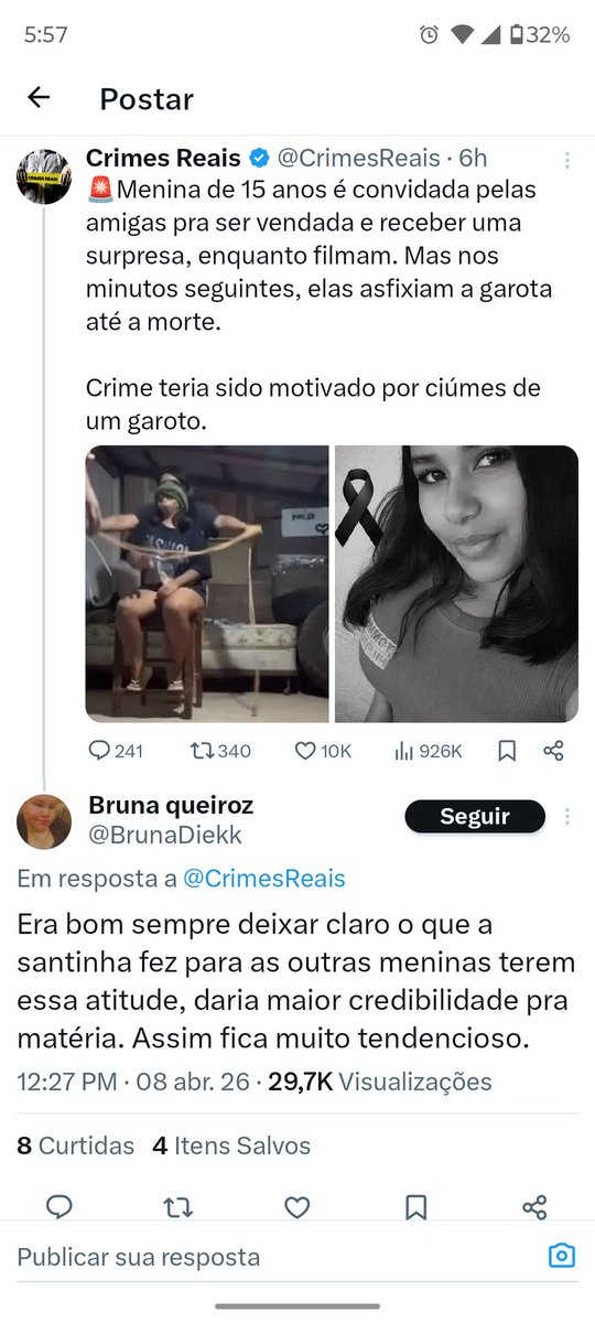 mdstyssa's tweet photo. @BrunaDiekk Cristã justificando o assassinato de uma garota de 15 anos? Que foi morta por causa de um ciúme besta e ainda teve a morte filmada e o corpo enterrado? Vai ter que rezar muito se quiser ver Deus. https://t.co/iE6LtY3d5a