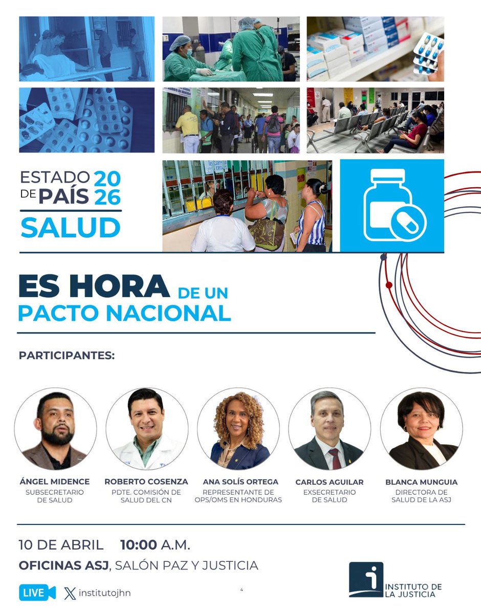 ¿Cuál es el verdadero estado de la salud en Honduras?
El Instituto de la Justicia presenta este viernes 10 de abril la iniciativa #EstadoDePaís2026, en su capítulo de salud.

Se compartirán hallazgos clave sobre el acceso a los servicios, el abastecimiento de medicamentos y los