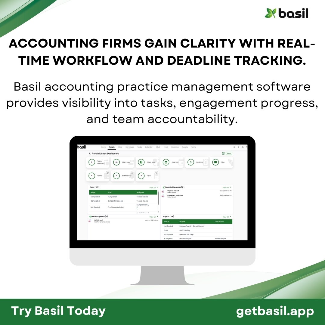 Modern accountants rely on accounting software that gives real-time visibility into tasks, deadlines, and team progress—so nothing slips through the cracks.

Try Basil: hubs.li/Q04b2dPg0

#Accountants #AccountingSoftware #AccountingFirm #CPA #Bookkeepers #CloudAccounting