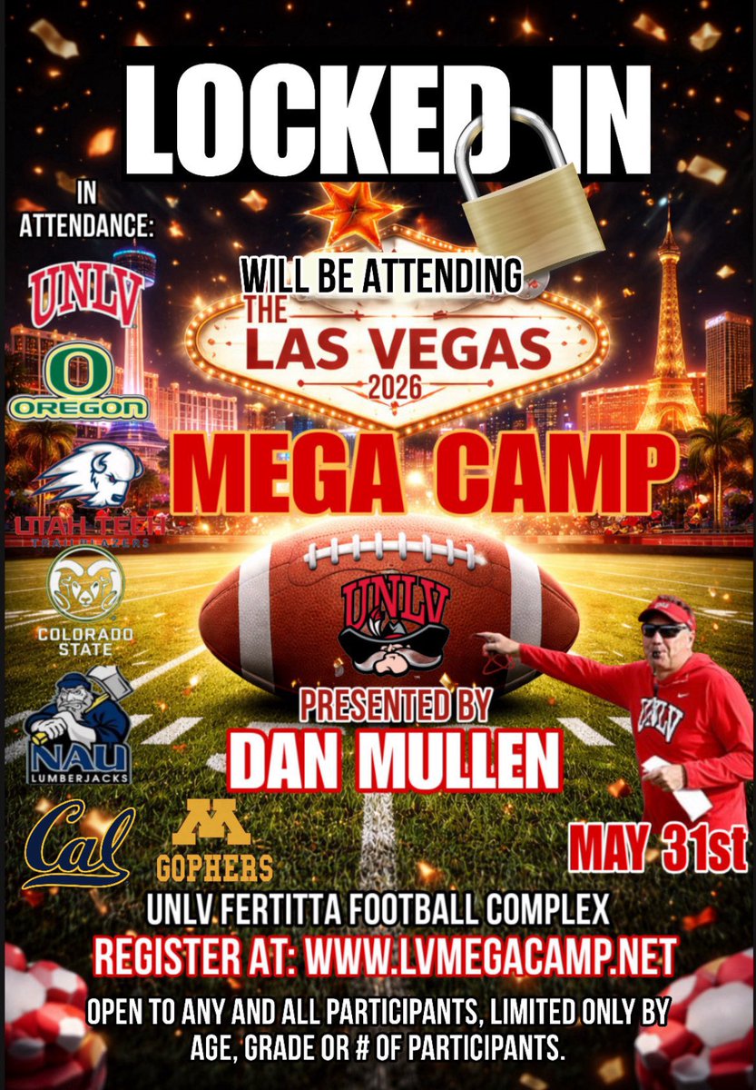 Locked in! Will be there.  <a href="/lvmegacamp/">Las Vegas Mega Camp</a> <a href="/GregBiggins/">Greg Biggins</a> <a href="/TomLoy247/">Tom Loy</a> <a href="/BrandonHuffman/">Brandon Huffman</a> <a href="/CoachDanMullen/">Dan Mullen</a> <a href="/247Sports/">247Sports</a> <a href="/MikeWatersP1/">Michael Waters | Phase 1 Sports, Inc</a> <a href="/GregSmithRivals/">Greg Smith</a> <a href="/BlairAngulo/">Blair Angulo</a> <a href="/unlvfootball/">UNLV Football</a>