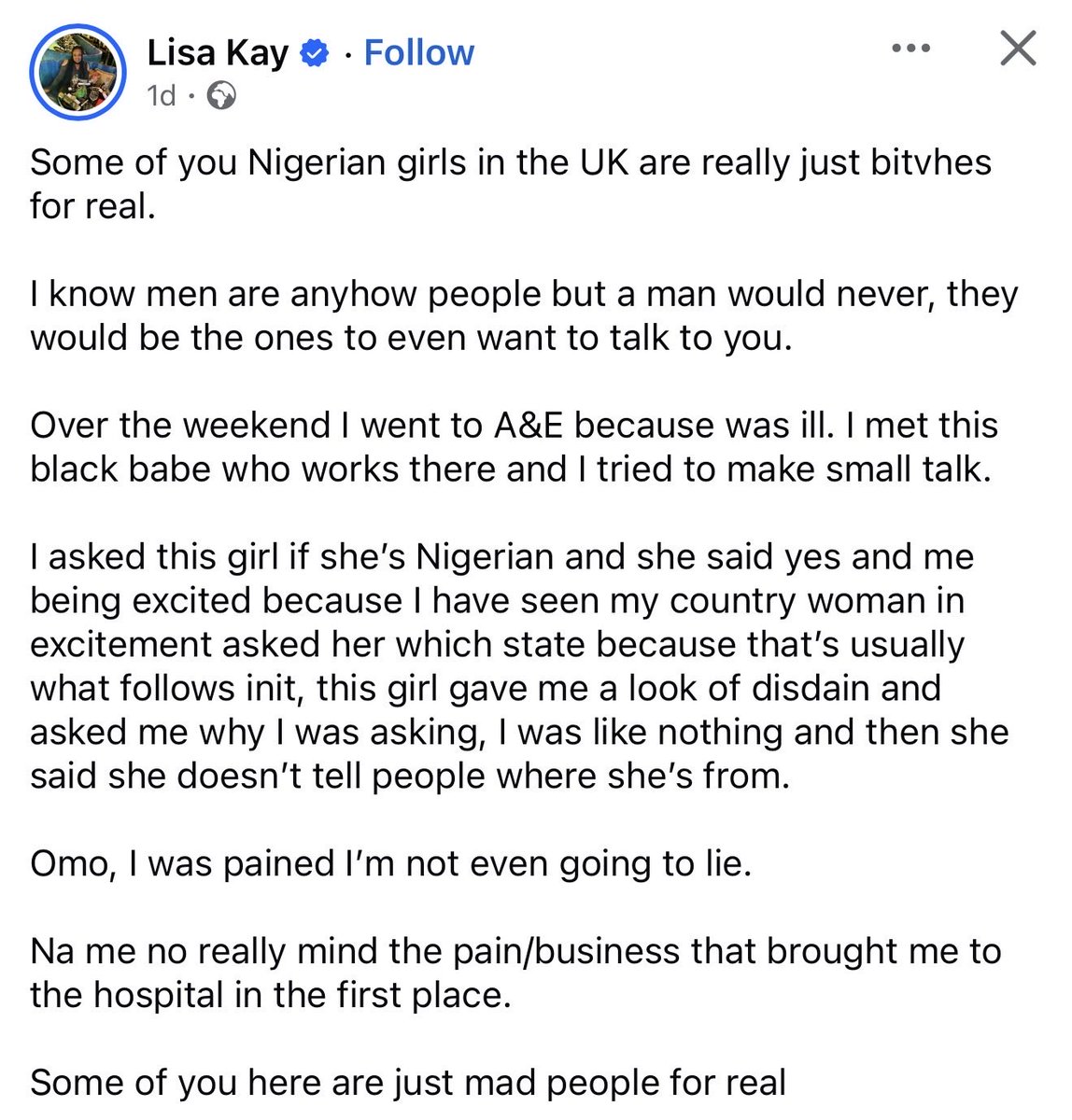 RSpeakshermind's tweet photo. If you see Nigerians at your workplace or anywhere you can get in trouble, don’t befriend them. 

If you’re new to a place and see a Nigerian just ignore them, let them speak to you first especially if they’ve been there longer than you have. Maybe that’s the mentality they have that makes some treat people so badly.

Nigerians hate Nigerians that does not live in Nigeria.  Or maybe the majority, both male and female I’ve met are just badly behaved. 🤷🏽‍♀️