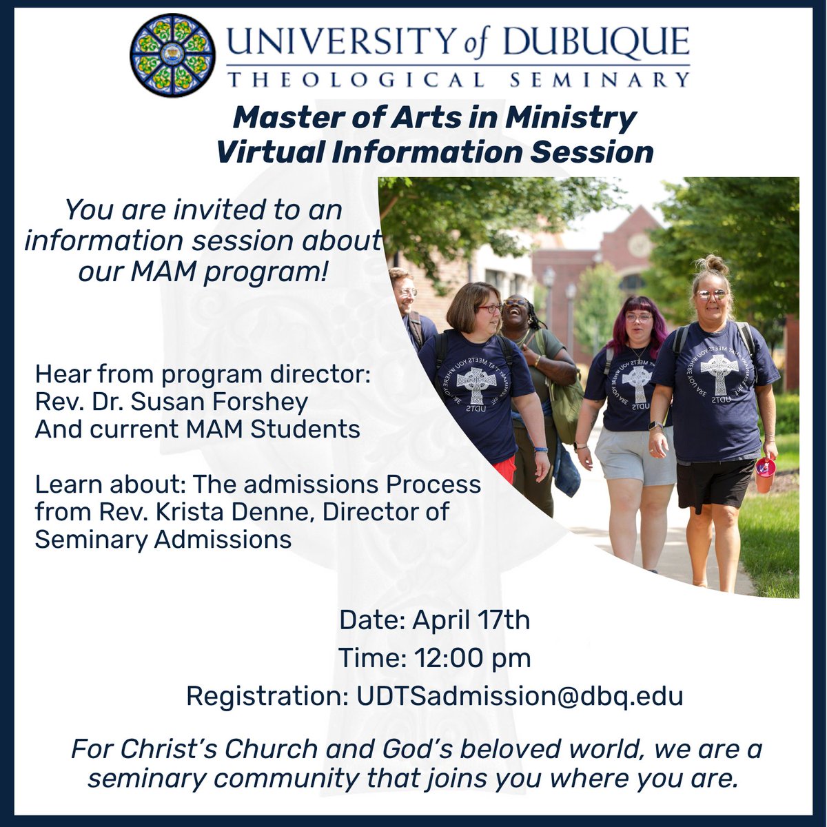 UDSeminary's tweet image. The Master of Arts in Ministry strengthens Christians for service in their chosen vocation.
Find out more at our Info Session! 4/17 at noon
📧 Register today: UDTSAdmission@dbq.edu Let’s explore what’s next together!
#UDTS #WhereUAre #SeminaryLife #MinistryPreparation