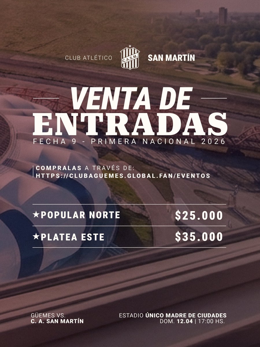 CASMOficial's tweet photo. 🔴⚪️ #PrimeraNacional

¡𝗘𝗡𝗧𝗥𝗔𝗗𝗔𝗦 𝗗𝗜𝗦𝗣𝗢𝗡𝗜𝗕𝗟𝗘𝗦 𝗣𝗔𝗥𝗔 𝗣𝗨𝗕𝗟𝗜𝗖𝗢 𝗡𝗘𝗨𝗧𝗥𝗔𝗟! 🇦🇹

Ya podés adquirir tu entrada para el partido del próximo domingo frente a Güemes, en el Estadio Madre de Ciudades de Santiago del Estero.

⚠️ ¡𝗔𝗩𝗜𝗦𝗢 𝗜𝗠𝗣𝗢𝗥𝗧𝗔𝗡𝗧𝗘: 𝗖𝗔𝗣𝗔𝗖𝗜𝗗𝗔𝗗 𝗟𝗜𝗠𝗜𝗧𝗔𝗗𝗔!
Para el público neutral solo contaremos con:
📍𝟯.𝟬𝟬𝟬 𝗚𝗲𝗻𝗲𝗿𝗮𝗹𝗲𝘀
📍𝟮.𝟱𝟬𝟬 𝗣𝗹𝗮𝘁𝗲𝗮𝘀

Para adquirirlas tenés que entrar en: https://t.co/R8QTGFowCM 

📌 Precios: 
•Popular Norte (San Martín): $25.000
•Platea Este (San Martín): $35.000

‼️ Informamos que la venta de entradas es exclusivamente responsabilidad del equipo local.

⚽️ #VamosCiudadela