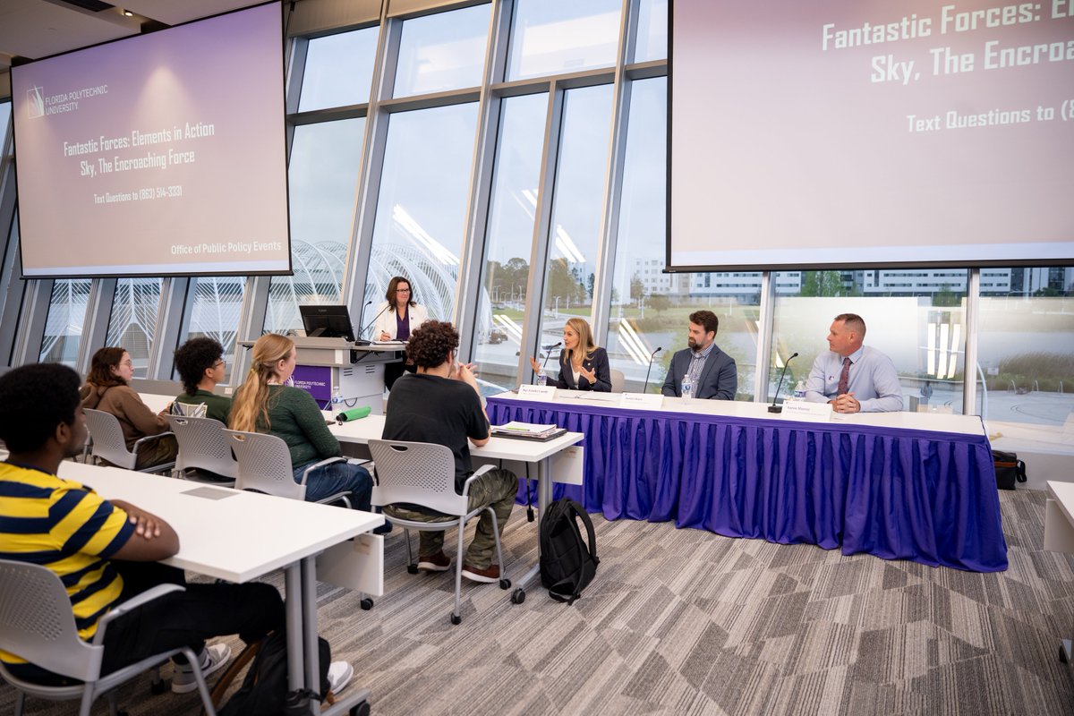 FLPolyU's tweet photo. Important conversations take flight at #FLPoly. State Rep. @JenniferCanady_  joined Justin Shore with Wing and Chief Murray for a panel on drone technology, privacy, and safety as part of our Fantastic Forces: Elements in Action series. 💜https://t.co/aeV6njFd5i https://t.co/Jt1kh5oFLo