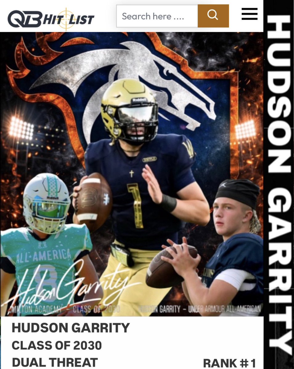 HudsonGarrity's tweet photo. HG1 | Grateful to be ranked the #1 Dual Threat QB in the Country - c/o 2030. Thank you @QBHitList for the recognition. Freshmen Szn Loading. #Grateful #MoreWork2Do 🙏✝️ #TheStandard 🐎 #RollStangs @MA_Fball @ScottyPrince10 @Coach_Cadet @speedcoachDB @M2_QBacademy @TomLoy247 https://t.co/HMoEP1q3O4