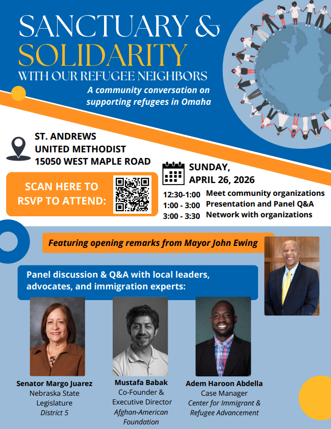 IntrntlCouncil's tweet photo. Join us April 26 for Sanctuary &amp; Solidarity with Our Refugee Neighbors ✨
A community conversation on supporting refugees in Omaha.

📍 St. Andrew’s UMC
⏱️ 12:30–3:30 PM

RSVP:  https://t.co/7JjINTy23R

#SolidarityAndSanctuary #OmahaCommunity #RefugeeSupport https://t.co/ys0UlLAqHX