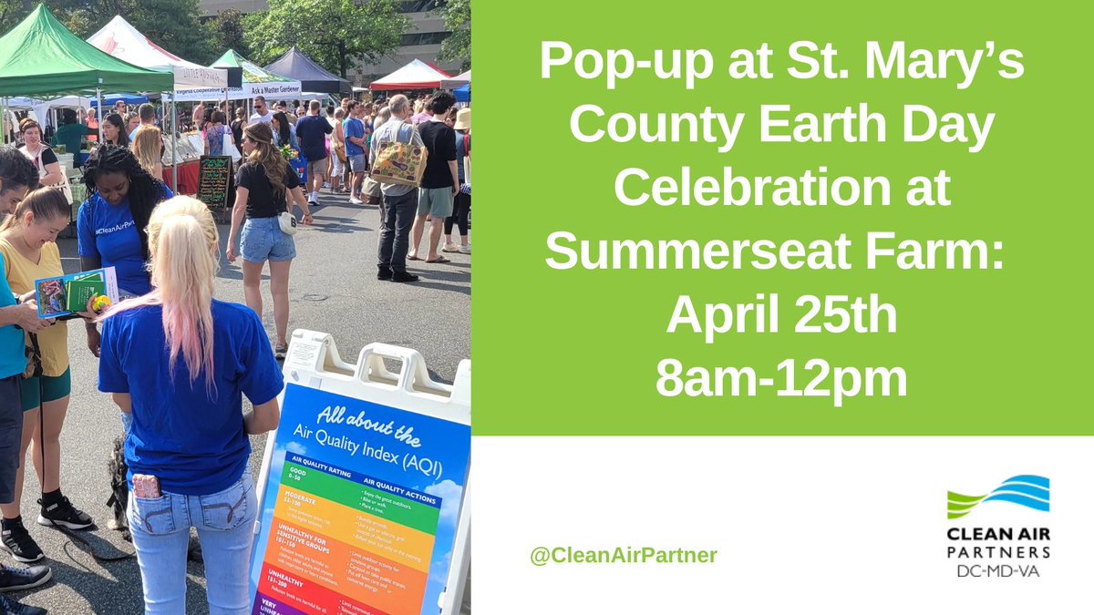 CleanAirPartner's tweet image. Our eco-emissions pop-up is coming to the @StMarysCoGov #EarthDay Celebration at @SummerseatFarm! 

Join us and @somdelectric on 4/25 between 10am-2pm to learn all about small actions that can have a huge impact on #emissions and #AirQuality.💚 Learn more: facebook.com/events/summers…