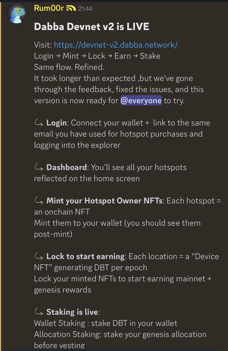 Testing involves updates. My favorite DePIN, <a href="/DabbaNetwork/">Dabba Network 🟨</a>, is testing its on-chain functionality to prepare for the TGE on April 15th. 🎬

The first version had some hiccups, and the dev team fixed them with v2. Link below ⬇️

I would join the testing for two reasons:

1. Every