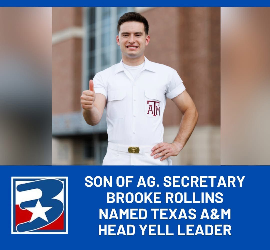 Luke Rollins, a junior mechanical engineering major and son of U.S. Secretary of Agriculture Brooke Rollins, has been named Head Yell Leader at Texas A&amp;M University for the 2026-27 academic year. 
(1/2)
