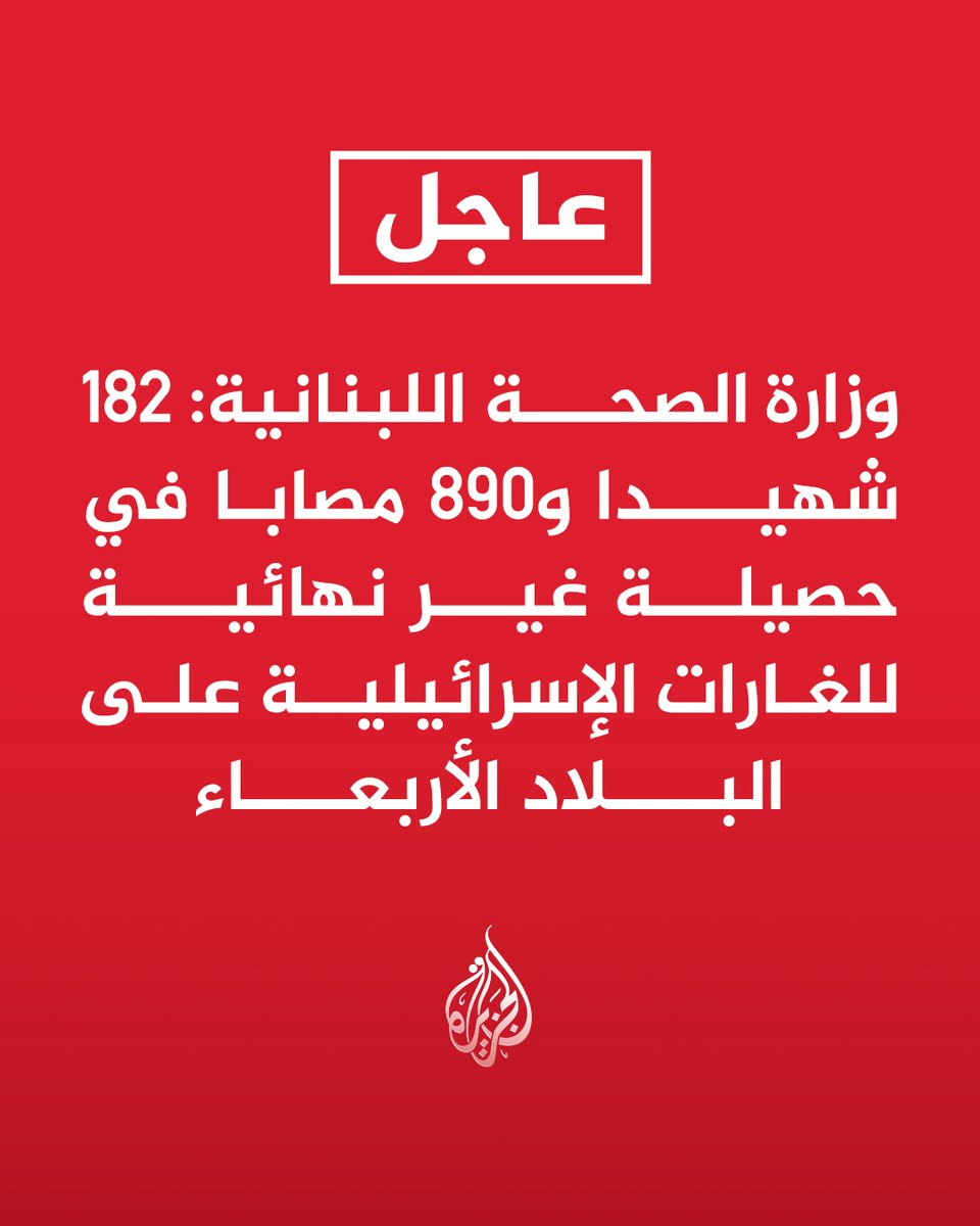 #عاجل | وزارة الصحة اللبنانية: 182 شهيدا و890 مصابا في حصيلة غير نهائية للغارات الإسرائيلية على البلاد الأربعاء