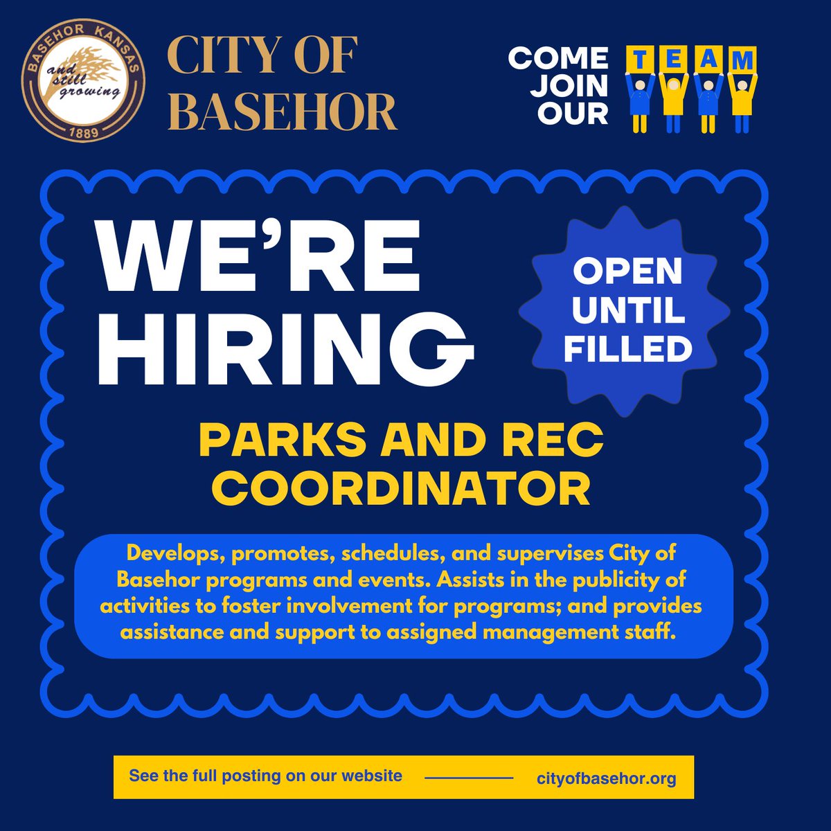 CityofBasehor's tweet photo. 📢Come join our team!📢

The City of Basehor is now accepting applications for a Parks and Recreation Coordinator.

You can access the full job posting at: https://t.co/BTQlpKAMvB https://t.co/RocaT194pC