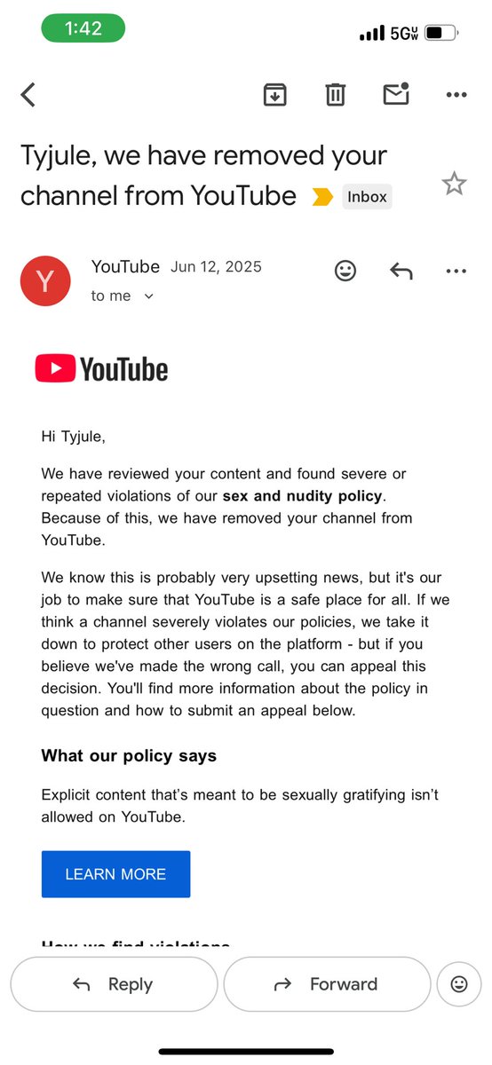 tyjule2's tweet photo. @TeamYouTube If you don’t review my channel again, I’m going to send a demand letter via email and make you guys have no choice but to review my channel and reinstate it. I don’t want to hear anything about a decision still standing.

Channel URL: https://t.co/SOiGuZ4D84 https://t.co/lDwb8XYy64