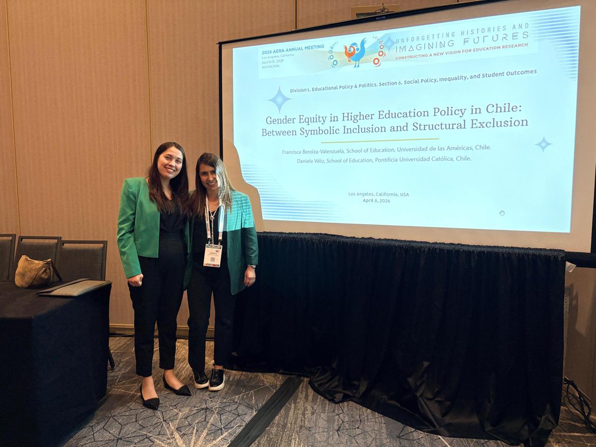 Fac_EducacionUC's tweet image. 👏🌎Daniela Véliz, académica y vicedecana de Educación UC, junto a Francisca Beroíza (@UDLA_CL), presentó en #AERA2026 la ponencia “Gender Equity in Higher Education Policy in Chile: Between Symbolic Inclusion and Structural Exclusion”.
#EducaciónUC #Investigación