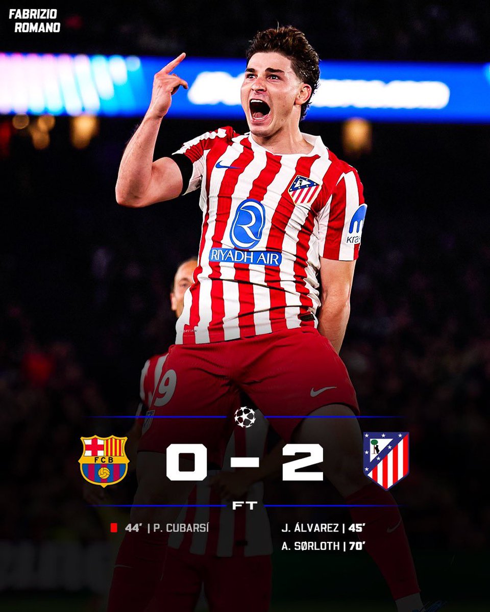 #championsleague #barca #atleti 

Con una roja discutible el barca pierde la ida de los cuartos de final de la Champions league contra un Atlético sólido que sabe defender y tiene muy buenos jugadores. 

Golazo de Julián Álvarez de tiro libre 

La expulsión condiciona al barca