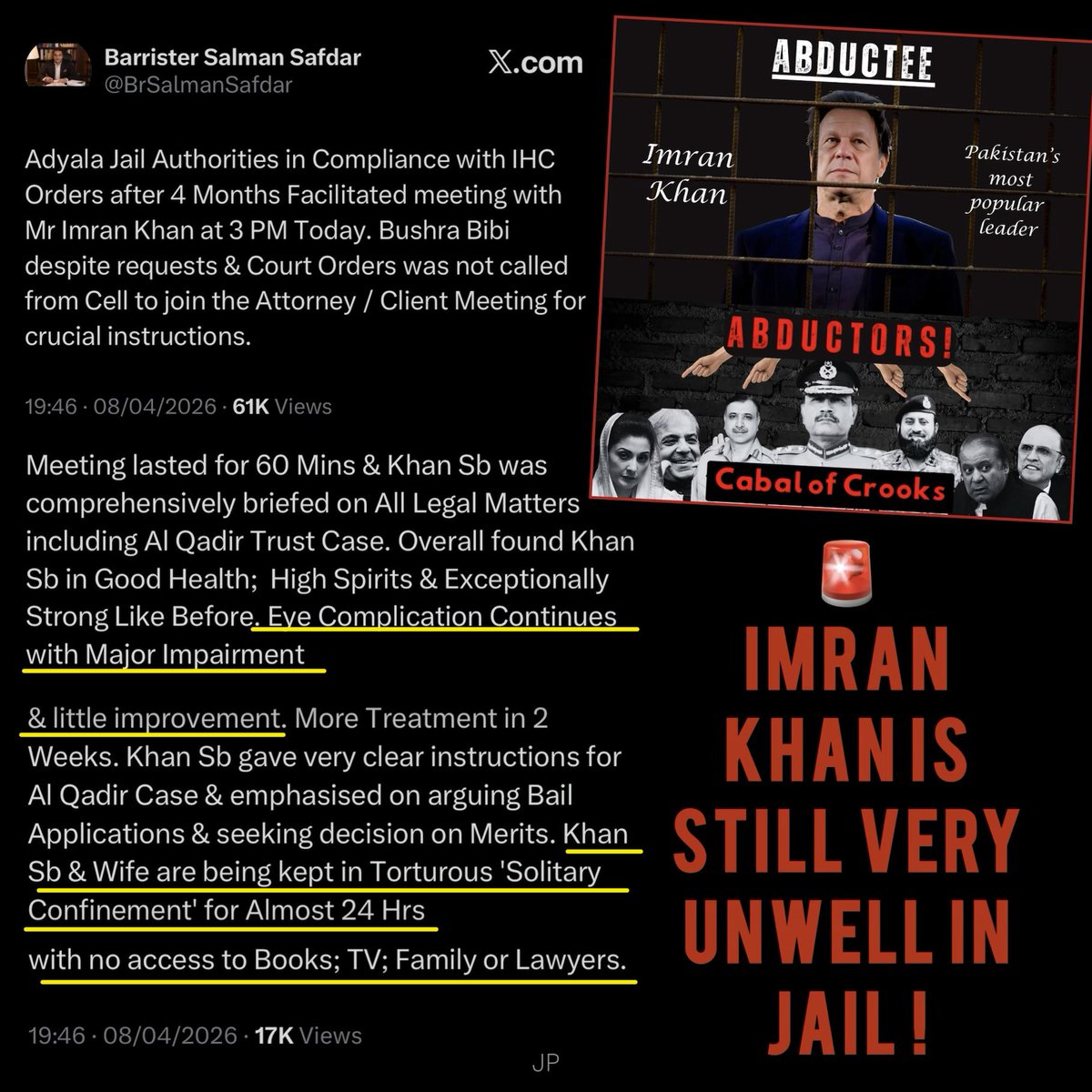 JehanzebParacha's tweet image. Extremely worrying!

Imran Khan’s:

 🔺Health is still deteriorating.

🔺 He &amp;amp; his wife are being kept in “torturous solitary confinement for almost 24 hours”.

🔺No access to family &amp;amp; lawyers.

Asim Munir is keeping Imran Khan hostage!

@hrw
@amnesty

#مزاحمت_سے_زنجیریں_ٹوٹیں_گی