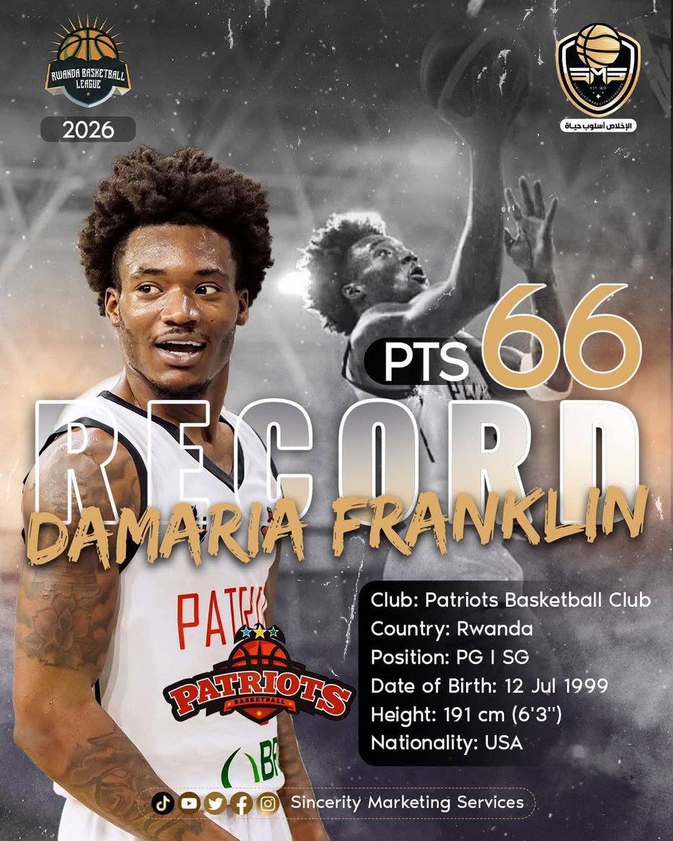 SMS_Egypt's tweet photo. Our Champ Player Damaria Franklin etched his name into Rwanda Basketball League history with a 66-point performance—the highest ever in a single game.

حفر لاعبنا البطل داماريا فرانكلين اسمه في تاريخ دوري كرة السلة الرواندي بتسجيله 66 نقطة - وهو أعلى رقم يُسجل في مباراة واحدة. https://t.co/rFHiKFmZJx