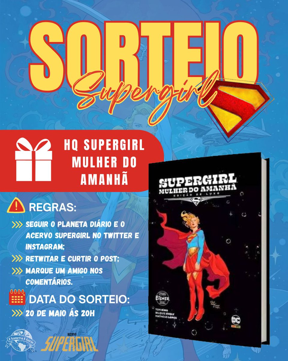🚨SORTEIO!!🚨

Em parceria com o Acervo Supergirl, vamos sortear Supergirl: Mulher do amanhã – Edição Deluxe para 1 de vocês! ✨

Regras:
Seguir no X: <a href="/dailyplanetbr_/">Planeta Diário</a> e <a href="/acervsupergirl/">acervo supergirl</a>
Seguir no Instagram: @/planetadiariobr_ e @/acervosupergirl
Curtir + RT e marcar um amigo.
