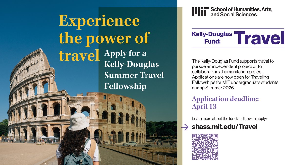 SHASS4Students's tweet photo. MIT students looking to travel this summer in support of humanities-related projects are encouraged to apply for a Kelly-Douglas Travel Fellowship! Submit your application before the 4/13 deadline. Apply today! https://t.co/yAoaO7JrBx