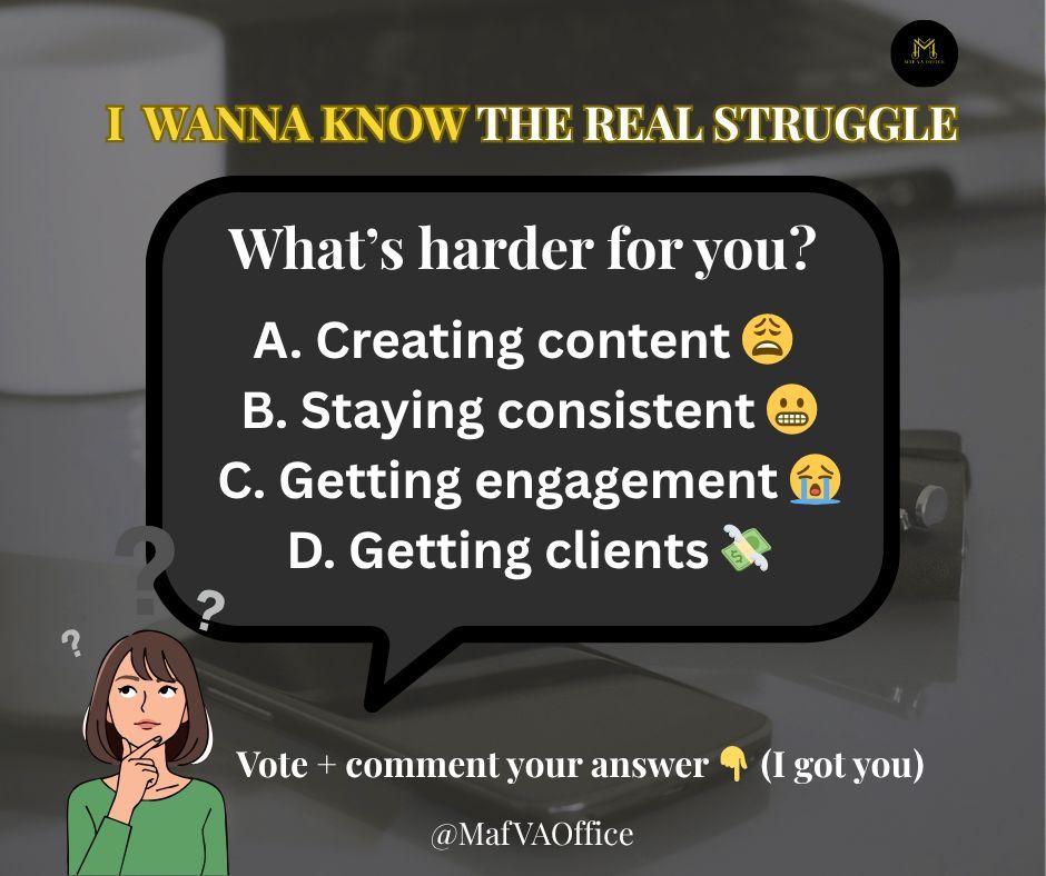MafVAOffice's tweet photo. 𝙇𝙚𝙩’𝙨 𝙗𝙚 𝙧𝙚𝙖𝙡 𝙛𝙤𝙧 𝙖 𝙨𝙚𝙘𝙤𝙣𝙙. 

Most business owners don’t actually struggle with social media itself
the struggle with what to do, when to post, and how to turn it into clients.

#BusinessStruggles #ContentHelp #SocialMediaPH #LeadGenPH #OnlineBizTips https://t.co/6fkkfLgUaH